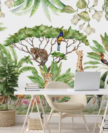 illustrated animals in jungle wallpaper