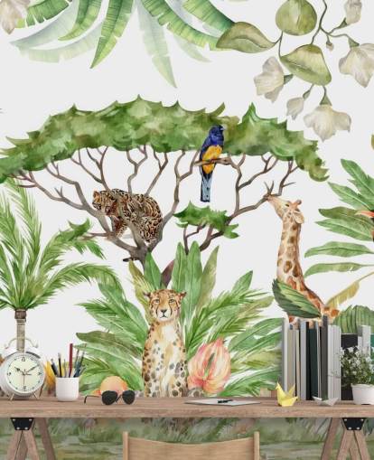 illustrated animals in jungle wallpaper