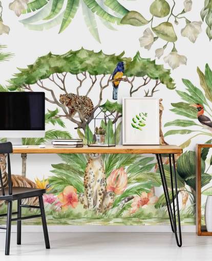 illustrated animals in jungle wallpaper