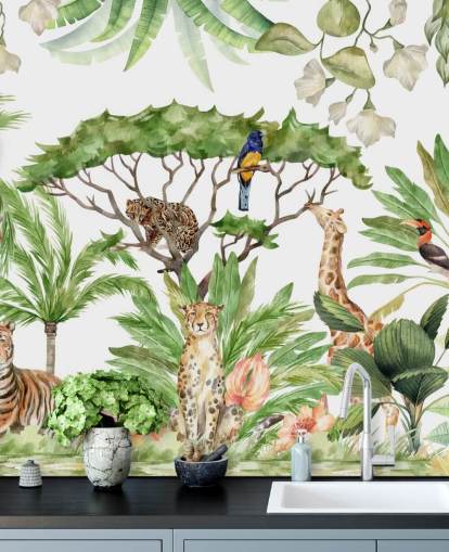 geïllustreerde dieren in junglebehang