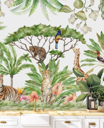 illustrierte Tiere in Dschungel-Tapete