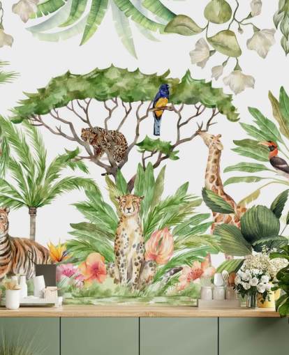illustrated animals in jungle wallpaper