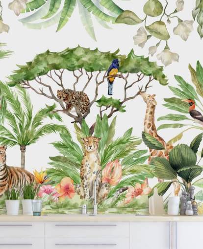 illustrated animals in jungle wallpaper