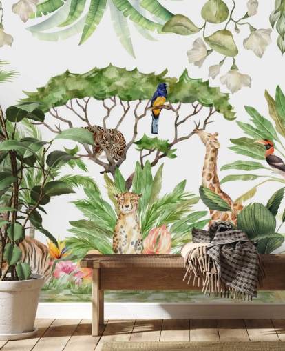 illustrated animals in jungle wallpaper