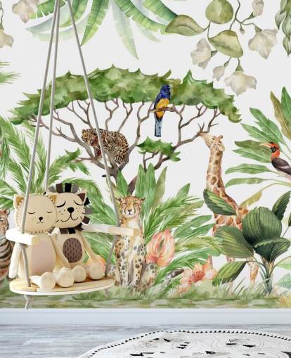illustrated animals in jungle wallpaper