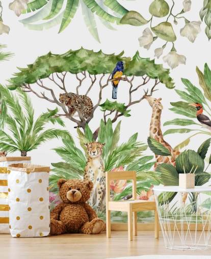 illustrated animals in jungle wallpaper