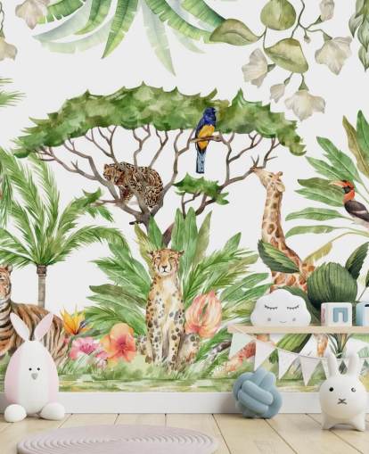 illustrierte Tiere in Dschungel-Tapete