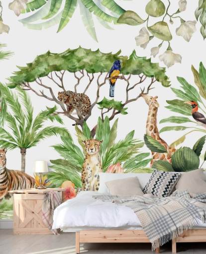 illustrated animals in jungle wallpaper
