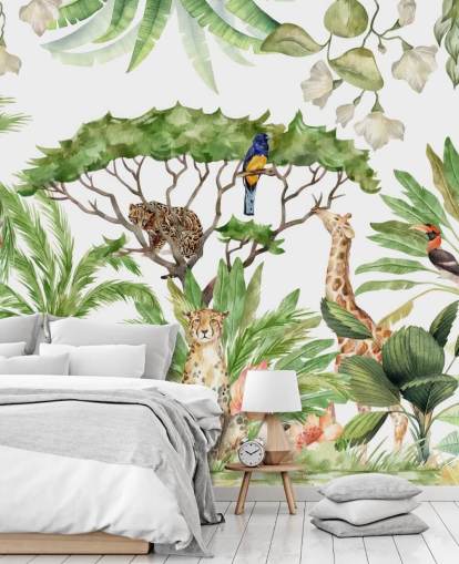 carta da parati con animali illustrati nella giungla