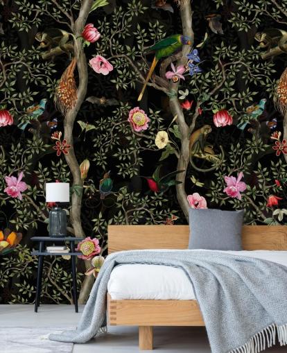 papel de parede de árvore e pássaro chinoiserie escuro