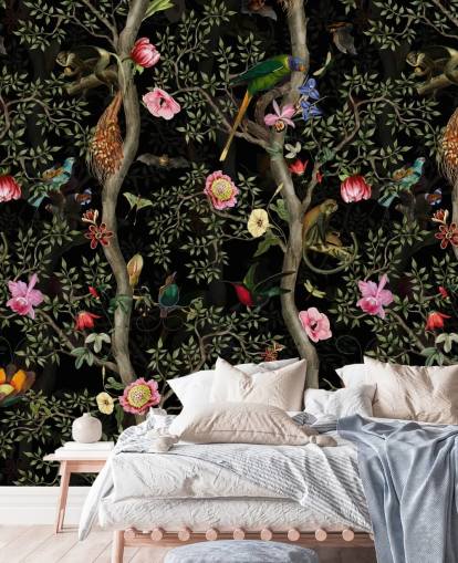 tumma chinoiserie puu ja lintu tapetti