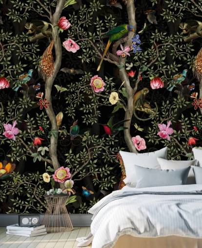 mörk chinoiserie träd och fågel tapeter mörk chinoiserie träd och fågel tapeter