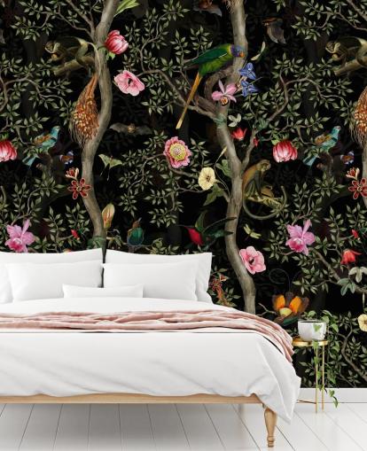 dark chinoiserie tree and bird wallpaper