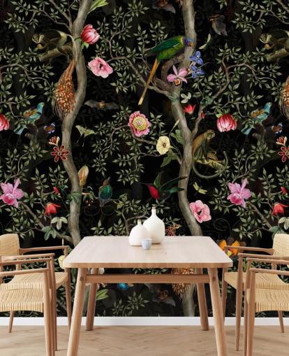 papier peint arbre et oiseaux chinoiserie foncé