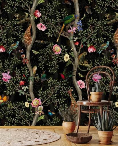 dark chinoiserie tree and bird wallpaper