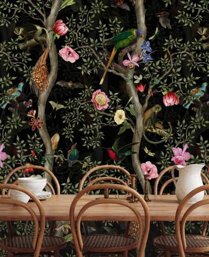 papier peint arbre et oiseaux chinoiserie foncé