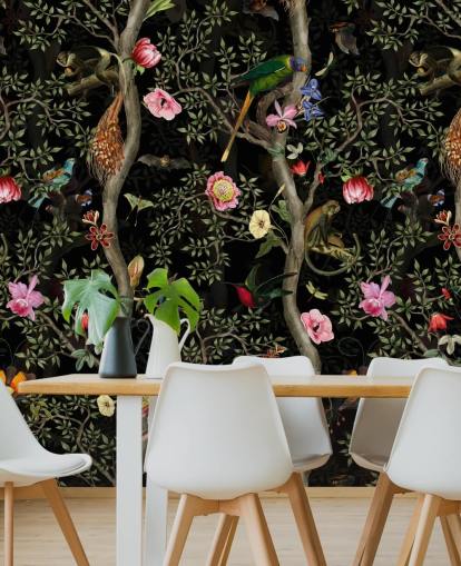 dark chinoiserie tree and bird wallpaper