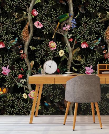 papier peint arbre et oiseaux chinoiserie foncé