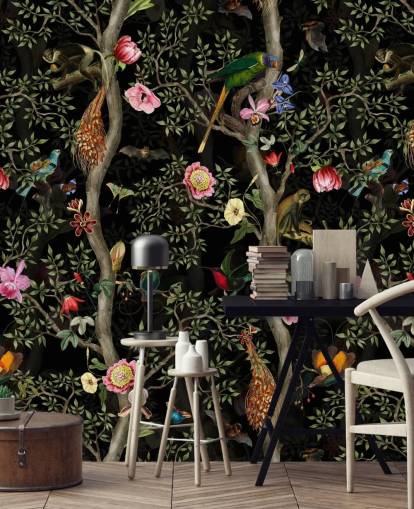 mörk chinoiserie träd och fågel tapeter