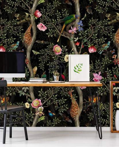 dunkle Chinoiserie-Baum- und Vogel-Tapete