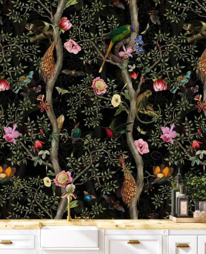 donker chinoiserie boom en vogelbehang