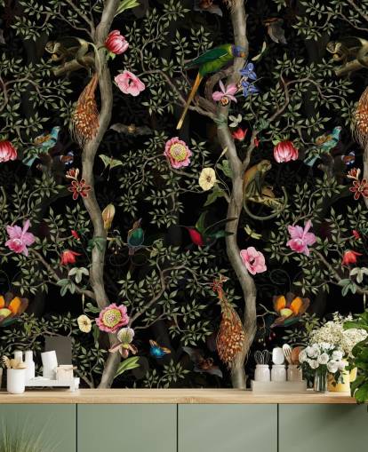 dunkle Chinoiserie-Baum- und Vogel-Tapete
