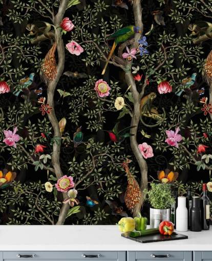 papel de parede de árvore e pássaro chinoiserie escuro papel de parede de árvore e pássaro chinoiserie escuro