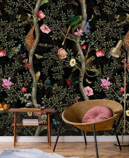 papier peint arbre et oiseaux chinoiserie foncé