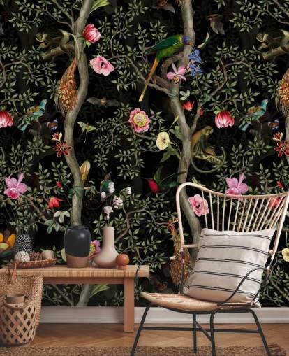 dunkle Chinoiserie-Baum- und Vogel-Tapete