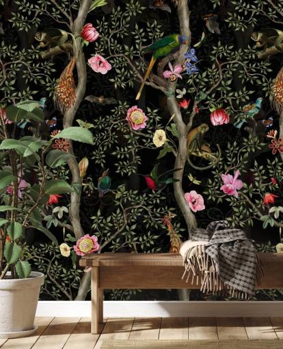 dunkle Chinoiserie-Baum- und Vogel-Tapete