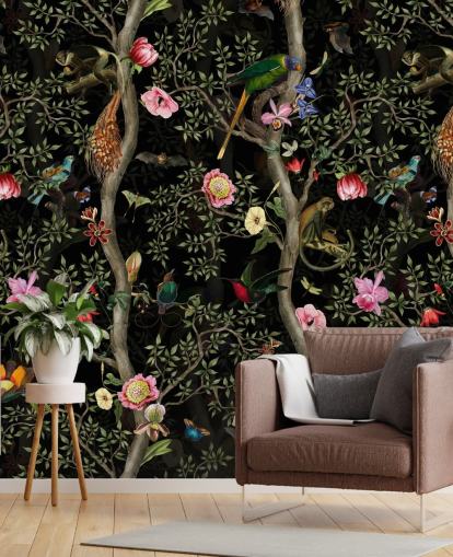 dunkle Chinoiserie-Baum- und Vogel-Tapete