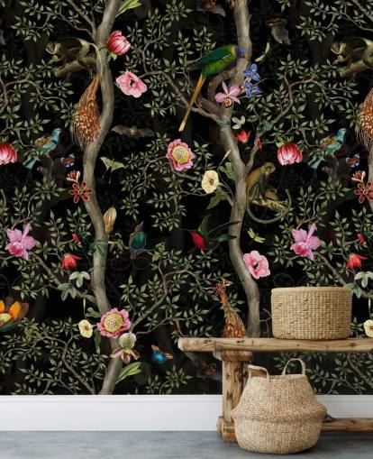 papel pintado de árbol y pájaro chinoiserie oscuro