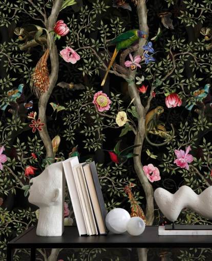 papel pintado de árbol y pájaro chinoiserie oscuro