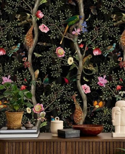papel pintado de árbol y pájaro chinoiserie oscuro