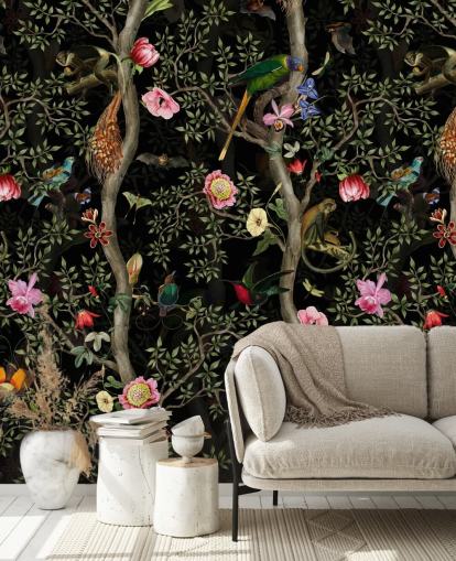 dark chinoiserie tree and bird wallpaper