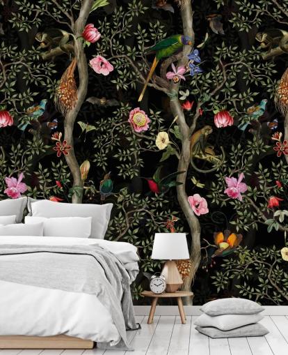 dunkle Chinoiserie-Baum- und Vogel-Tapete