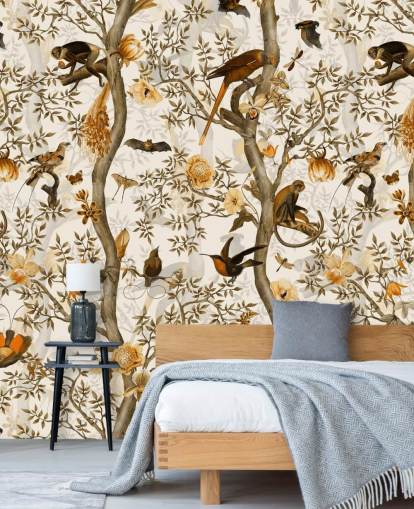 Senf und braune Chinoiserie-Tapete Senf und braune Chinoiserie-Tapete