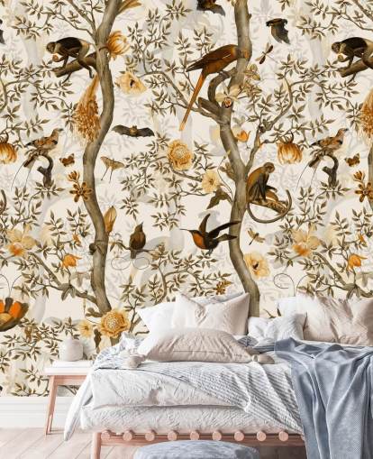 papier peint chinoiserie moutarde et marron