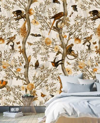 mosterd en bruin chinoiserie behang