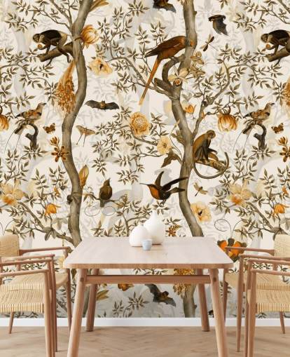 sinappi ja ruskea chinoiserie tapetti