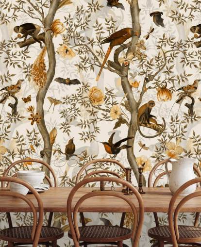 papier peint chinoiserie moutarde et marron