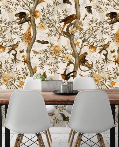 papel de parede mostarda e chinoiserie marrom papel de parede mostarda e chinoiserie marrom