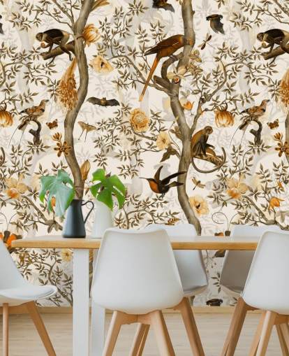 papel pintado chinoiserie mostaza y marrón