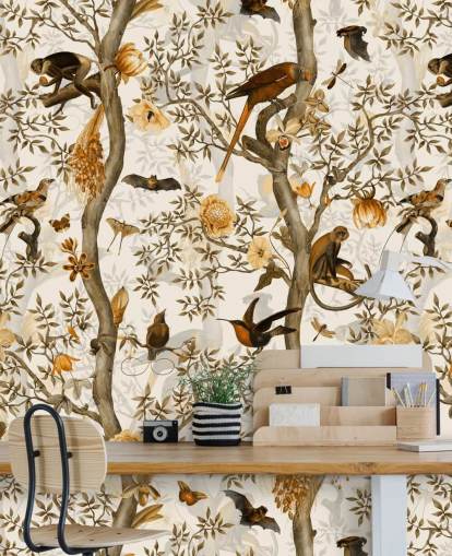 papel de parede mostarda e chinoiserie marrom papel de parede mostarda e chinoiserie marrom