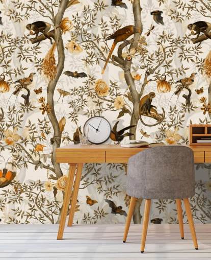 papel de parede mostarda e chinoiserie marrom