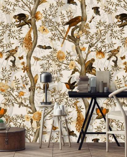 sennep og brun chinoiserie tapet