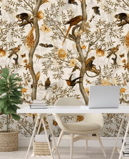 papel de parede mostarda e chinoiserie marrom