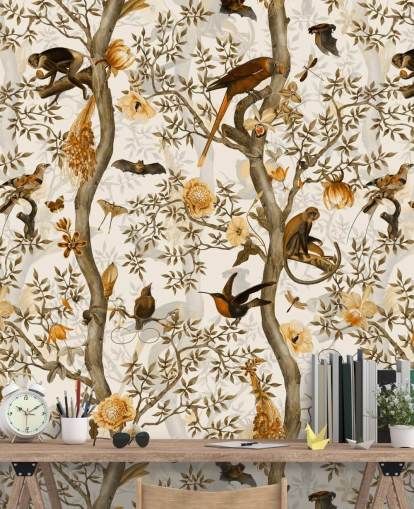 papel pintado chinoiserie mostaza y marrón