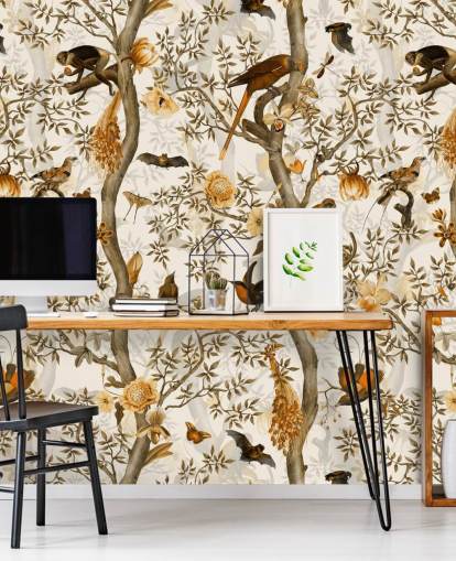 papier peint chinoiserie moutarde et marron