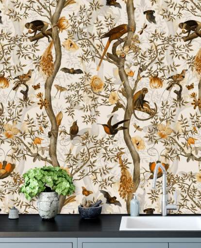 sennep og brun chinoiserie tapet